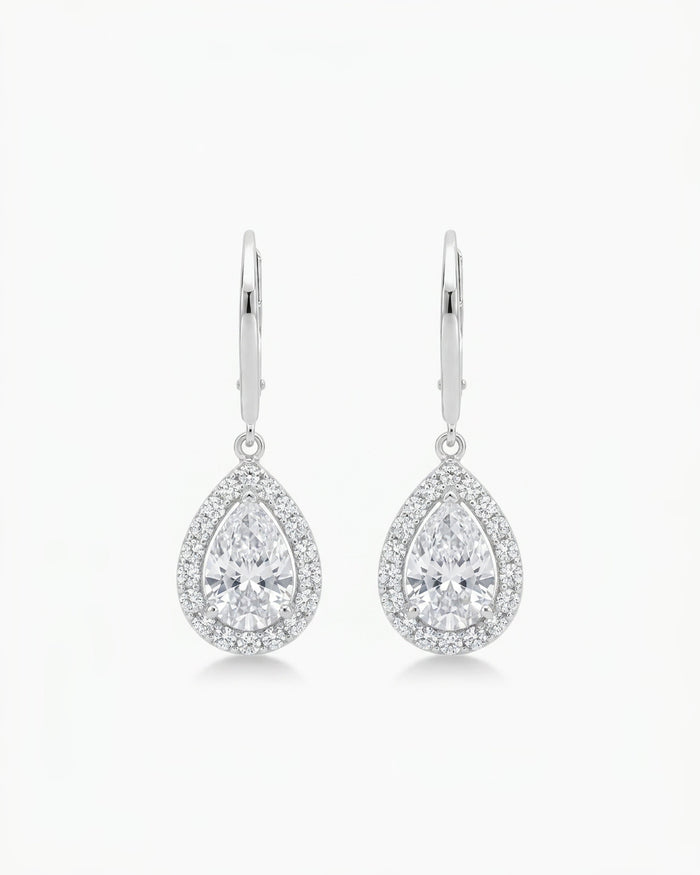 Roma Pear White Sapphire Halo Drop Earrings