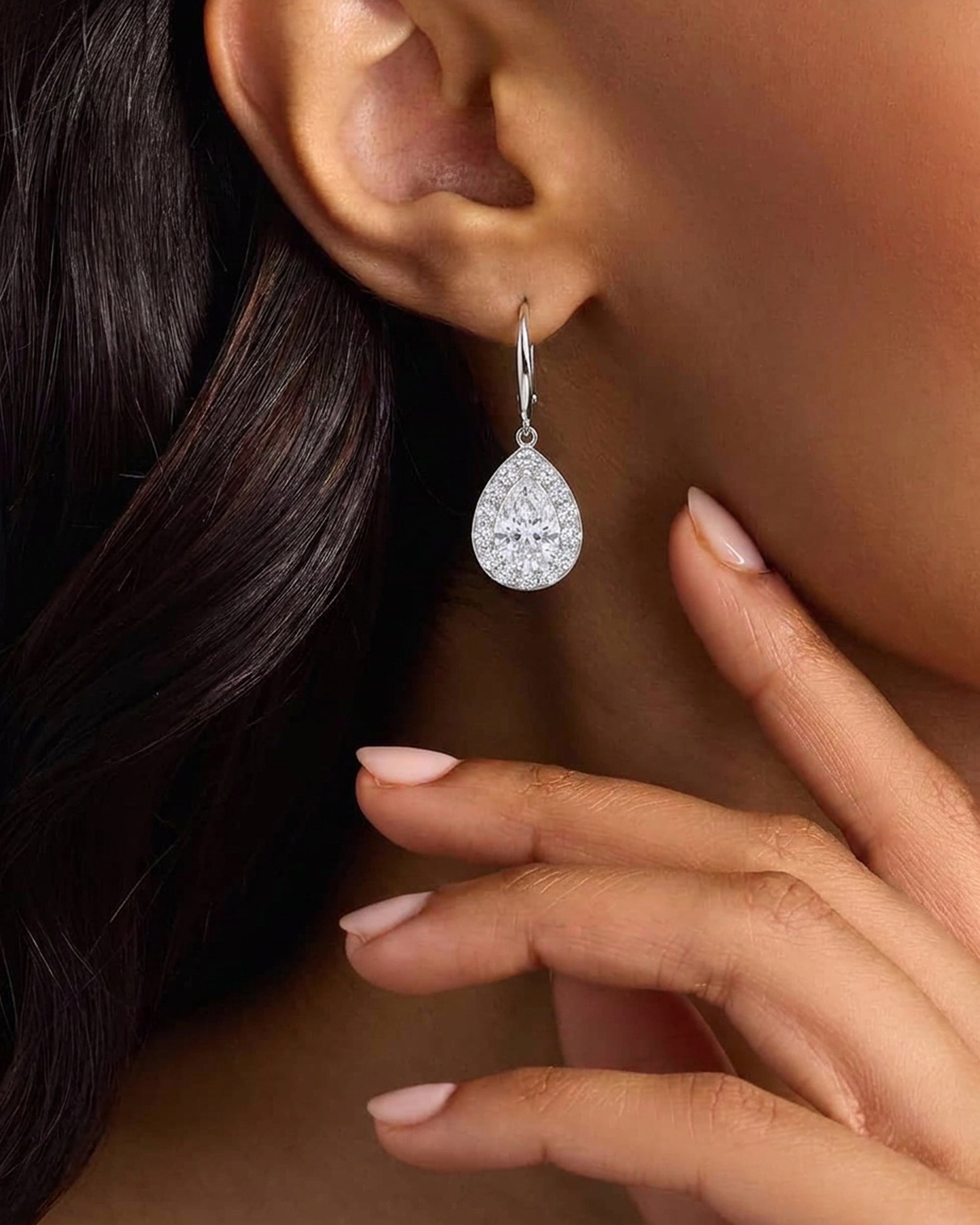 Roma Pear White Sapphire Halo Drop Earrings worn