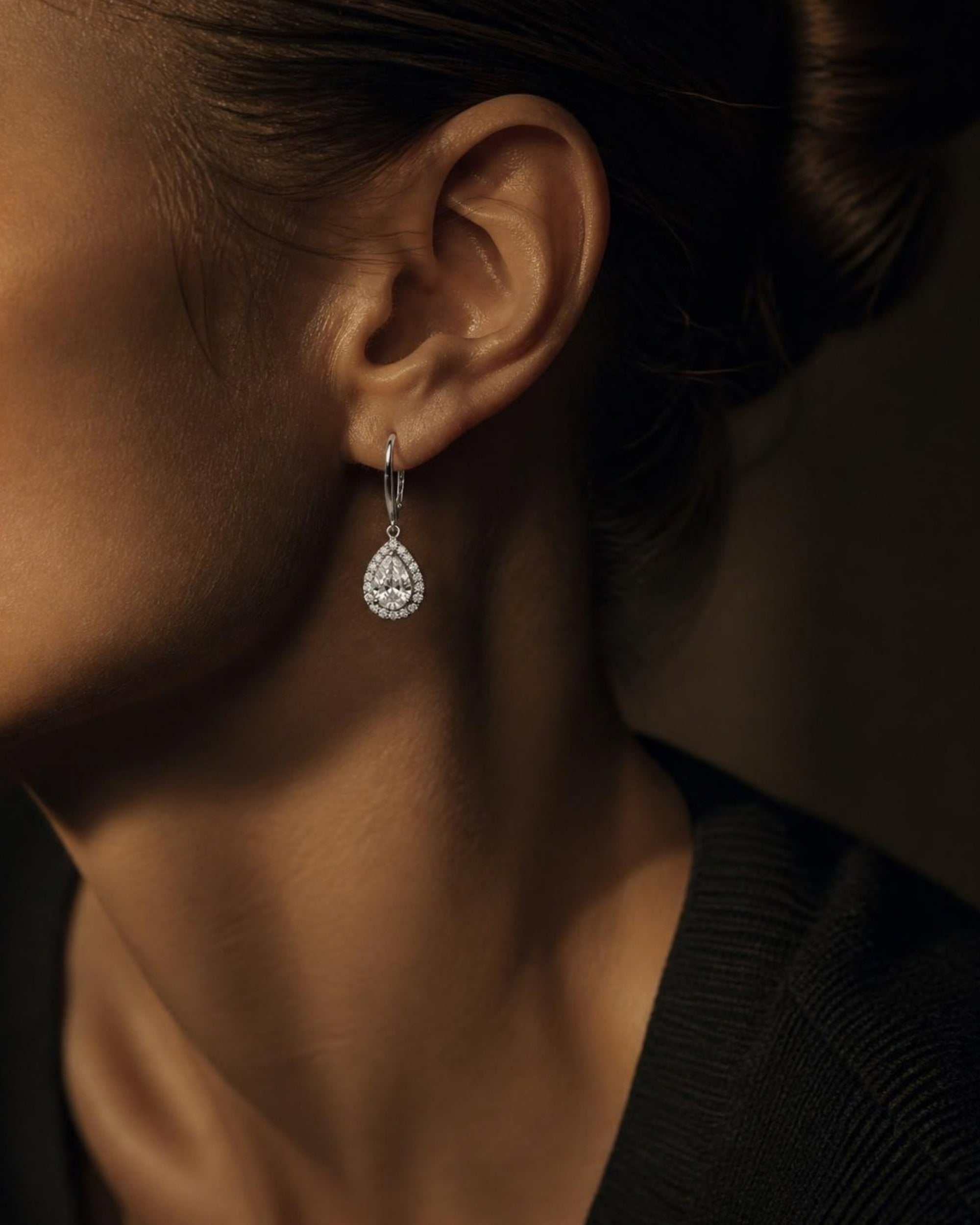 Roma Pear White Sapphire Halo Drop Earrings
