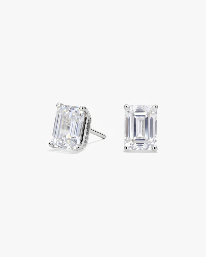 Louvre Emerald Cut White Sapphire Stud Earrings in sterling silver