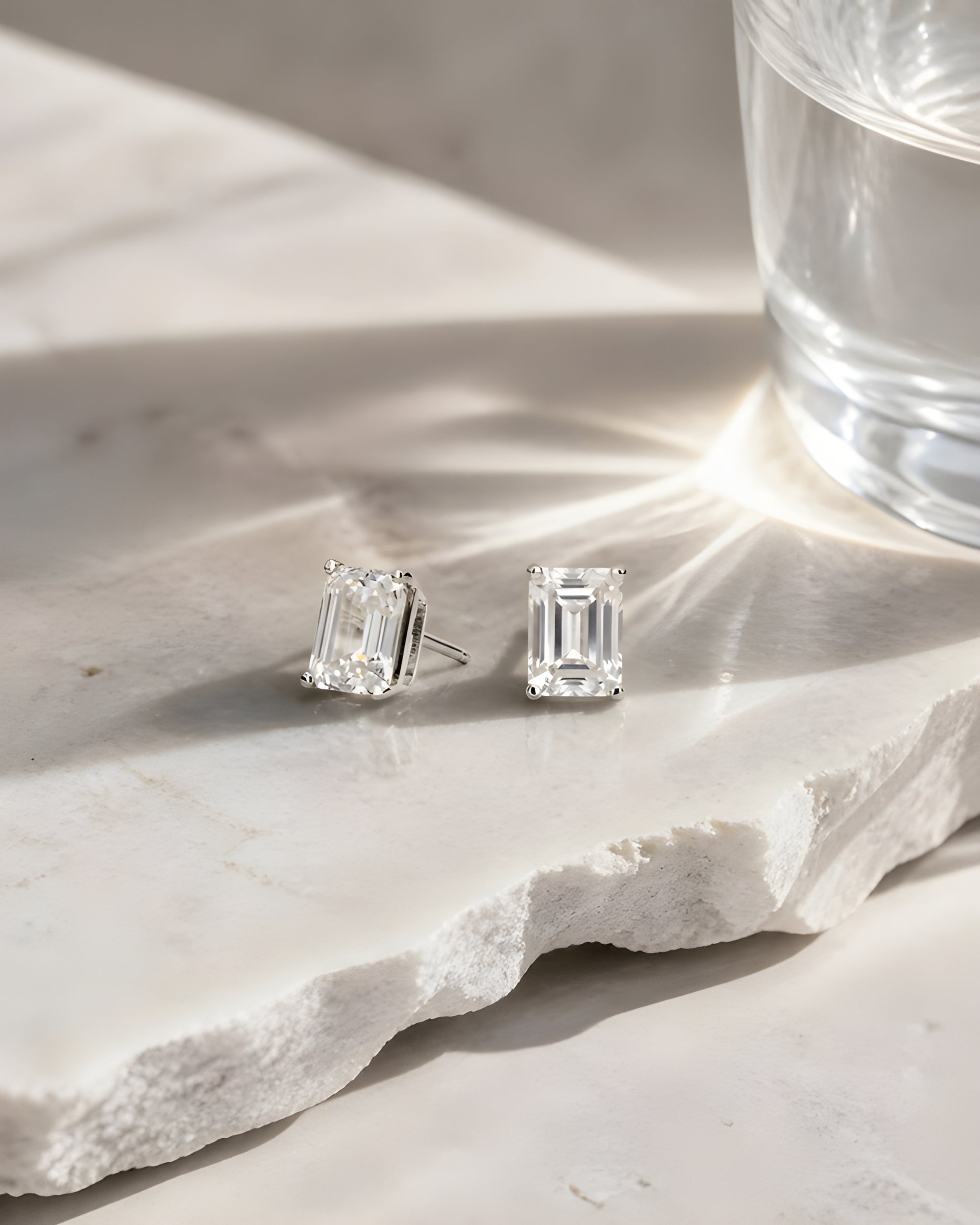 Louvre Emerald Cut White Sapphire Stud Earrings - Marble and Water Light