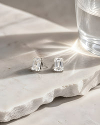 Louvre Emerald Cut White Sapphire Stud Earrings - Marble and Water Light
