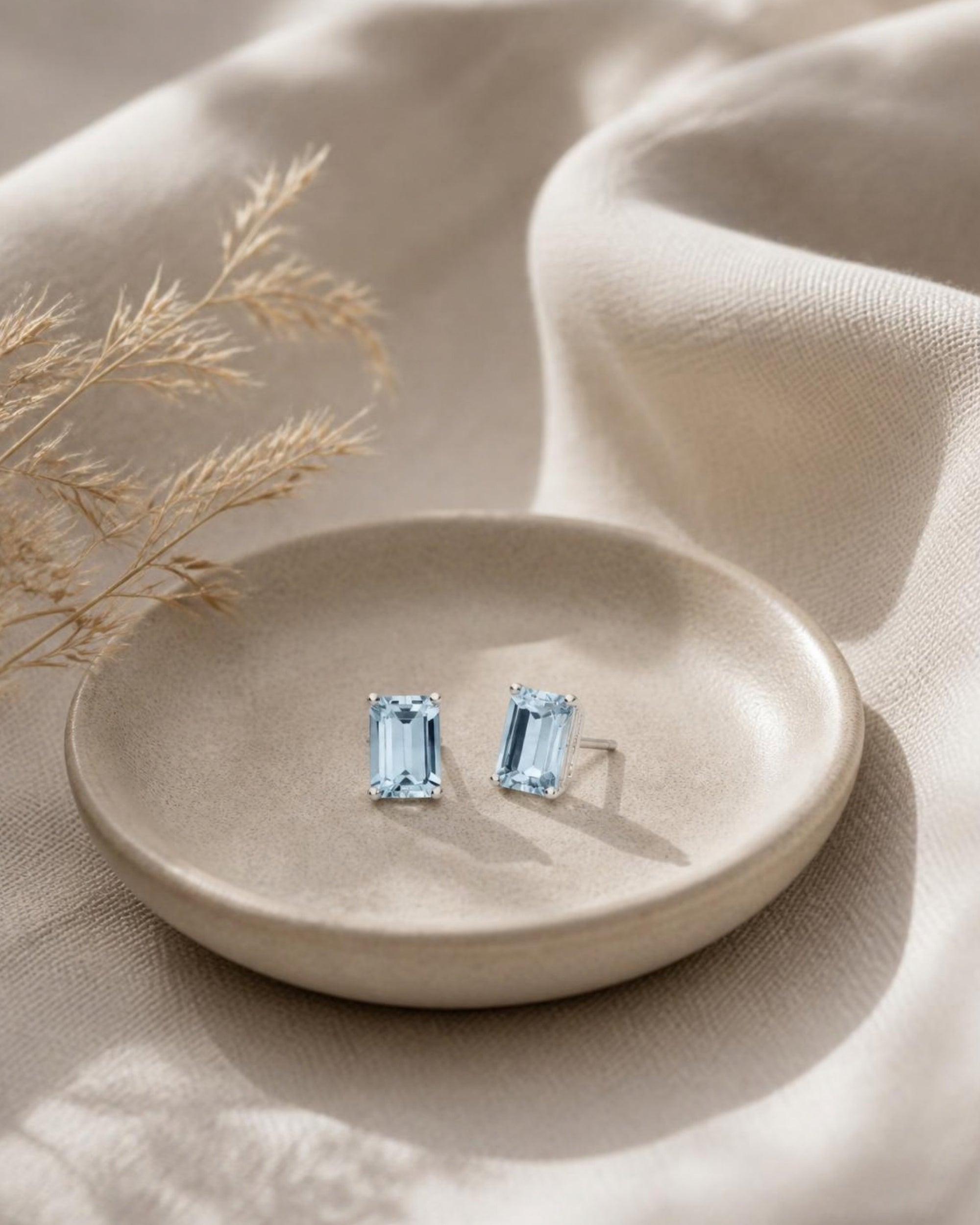 Louvre Emerald Cut Aquamarine Stud Earrings