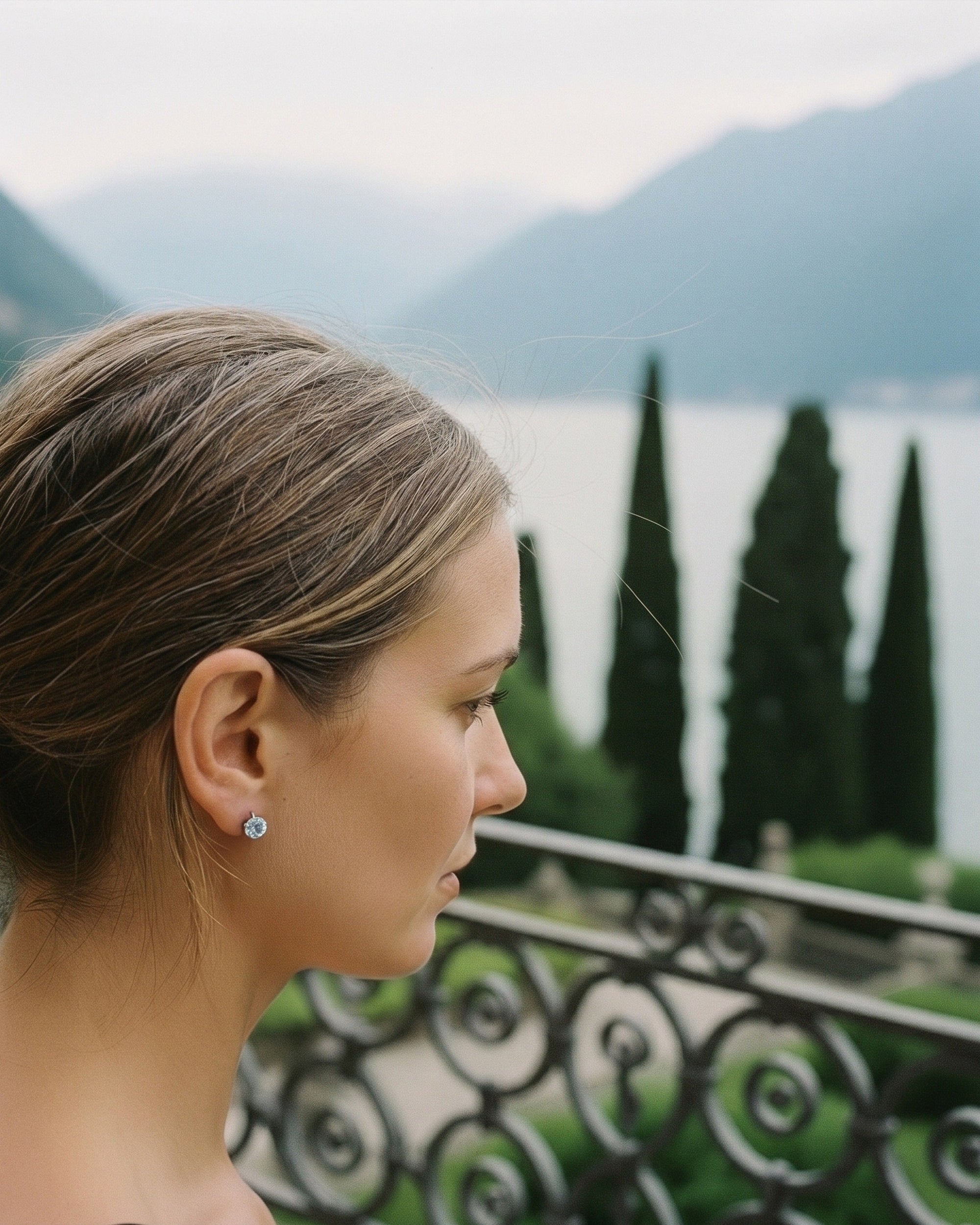 Como Round Aquamarine Stud Earrings worn in a Lake Como villa garden