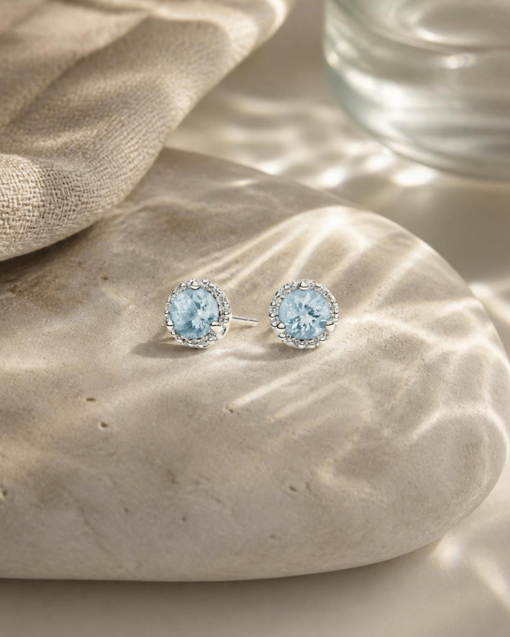 Roma Round Aquamarine Halo Earrings