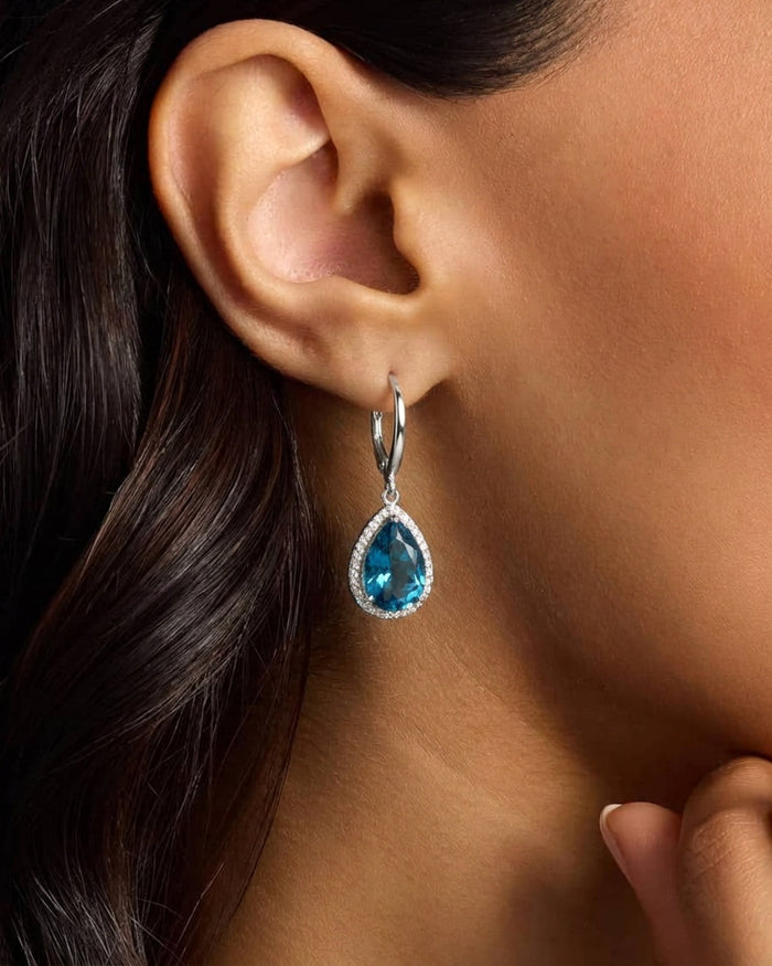 Roma Pear London Blue Topaz Halo Drop Earrings - Image 2