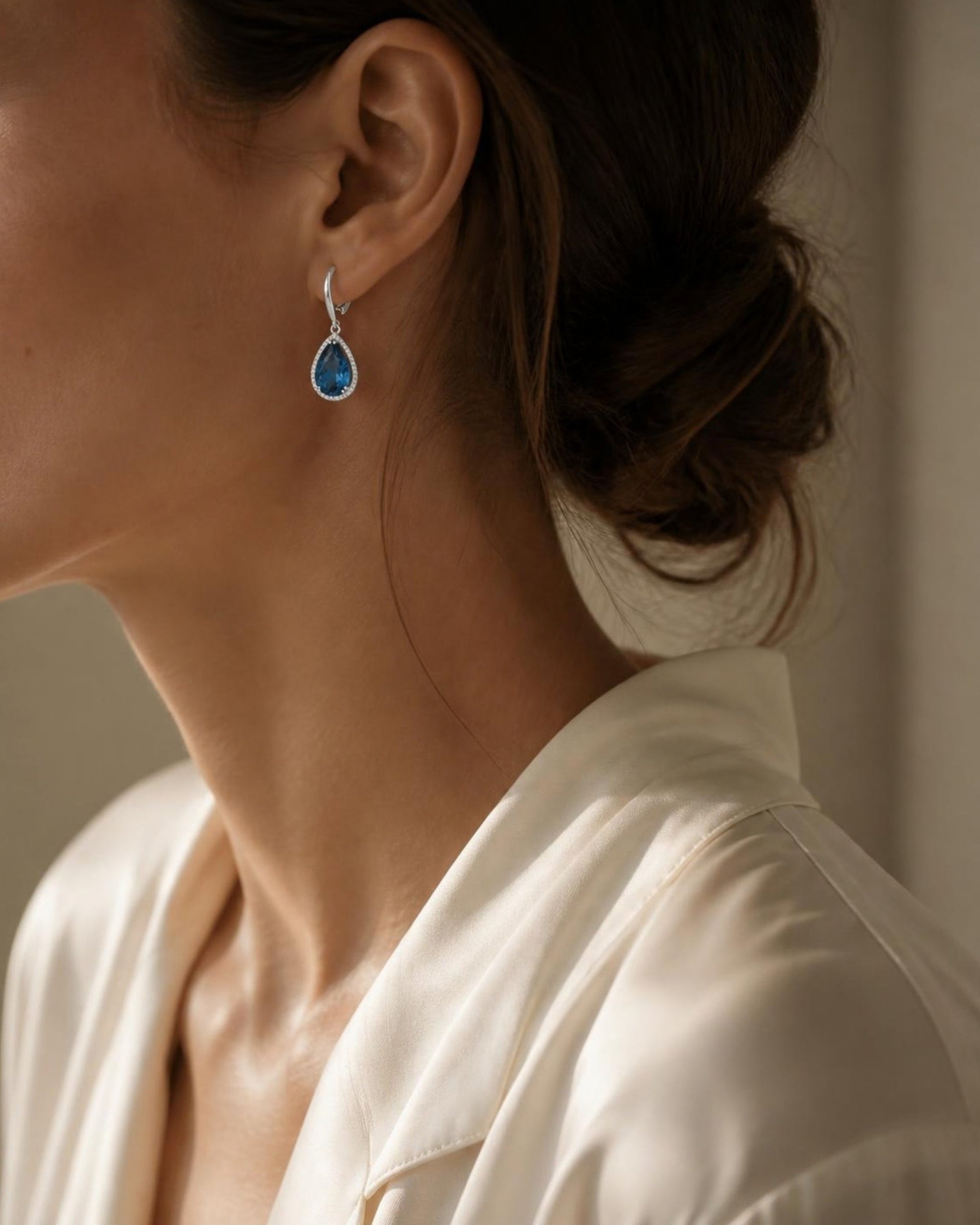 Roma Pear London Blue Topaz Halo Drop Earrings - Image 4