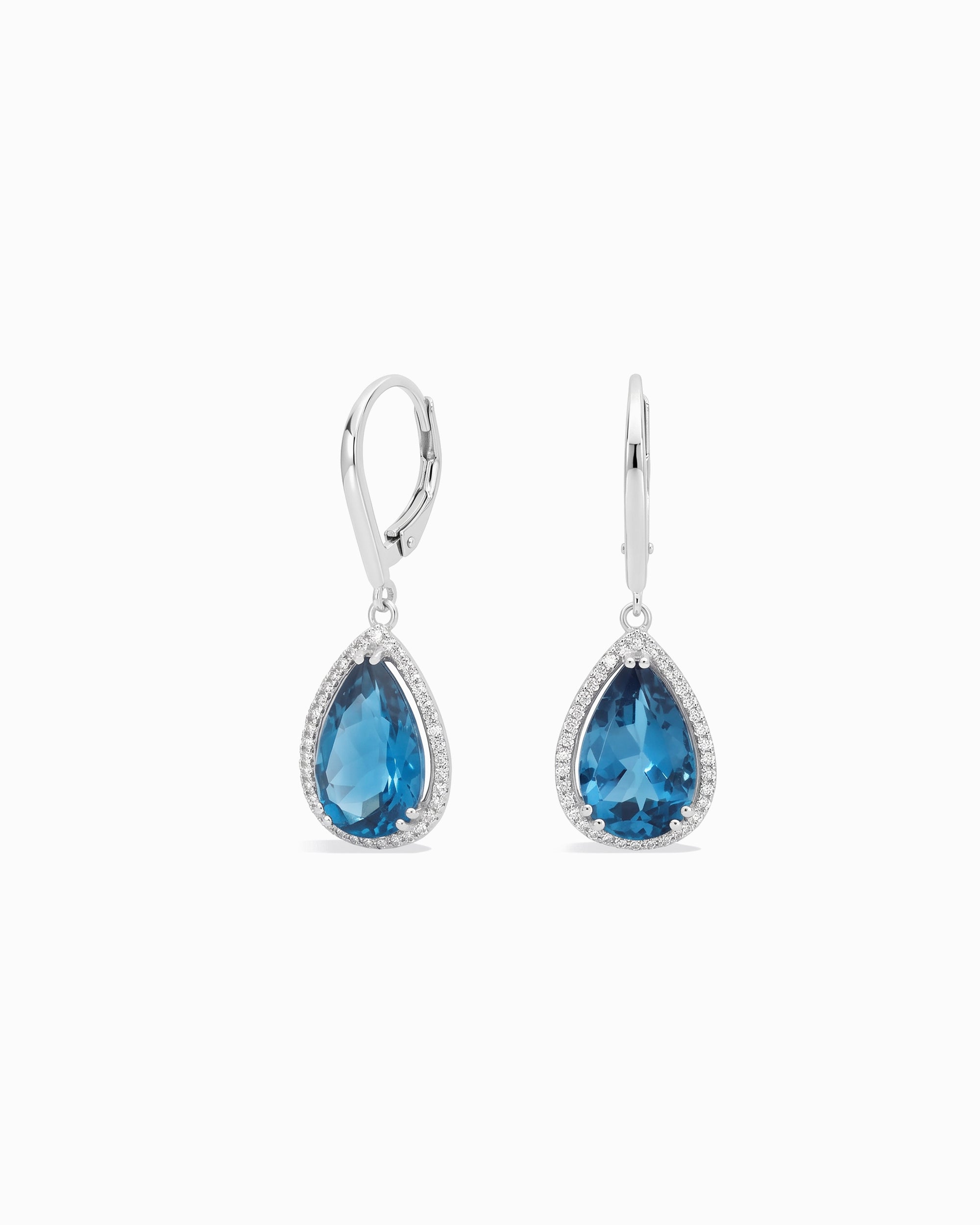Roma Pear London Blue Topaz Halo Drop Earrings - Image 1