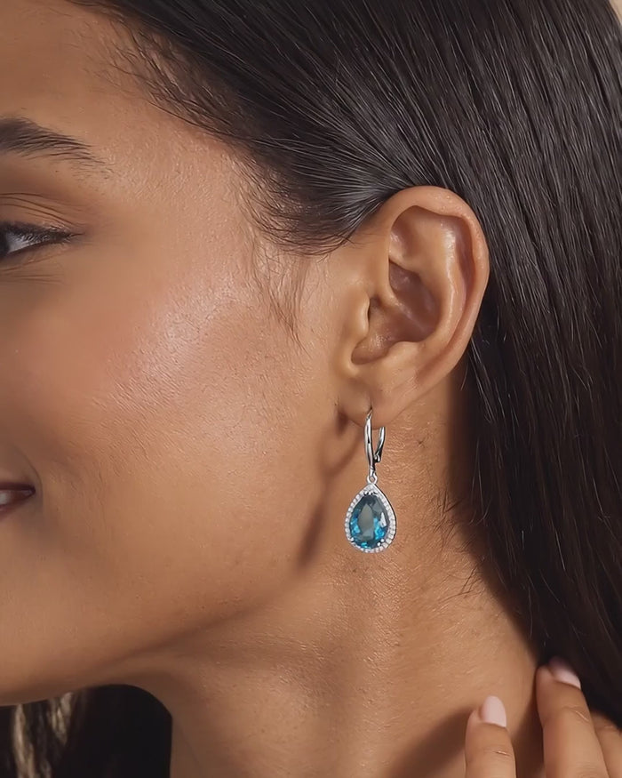 Roma Pear London Blue Topaz Halo Drop Earrings - Video